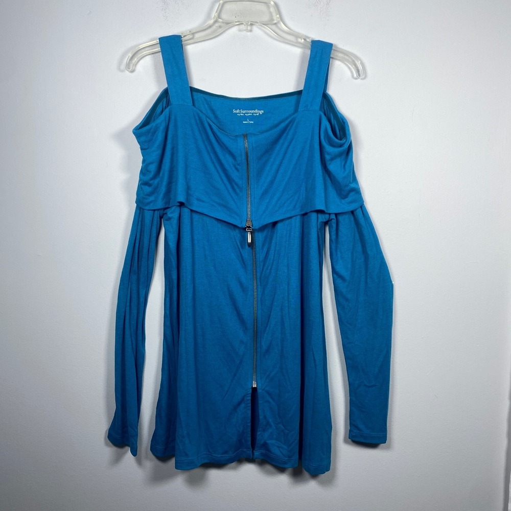 Soft Surroundings Tunic Top Women Large Blue Cold Shoulder Full Zip Long Sleeve
